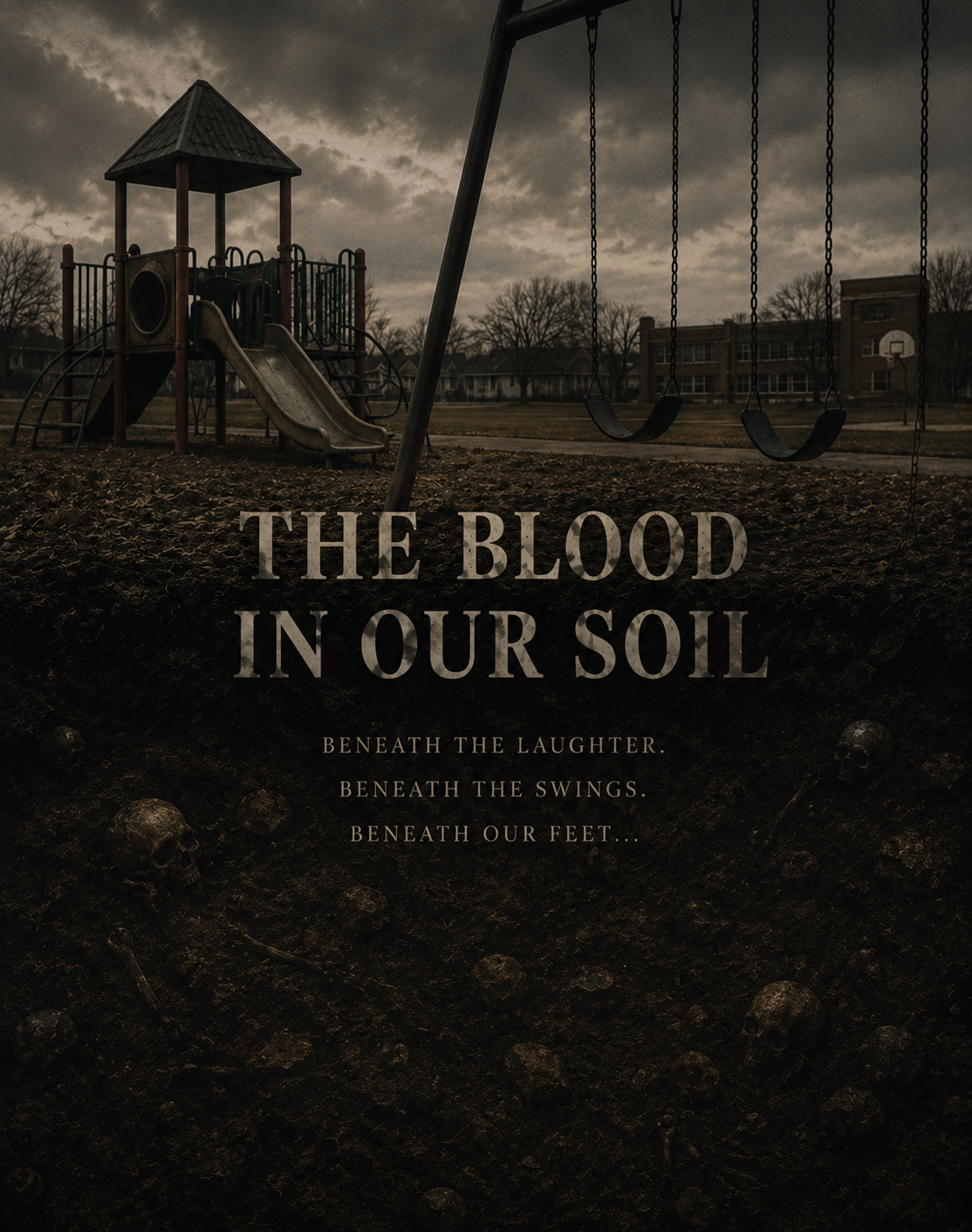 An empty playground above dark soil and buried remains, with the words The Blood in Our Soil: Beneath the laughter. Beneath the swings. Beneath our feet.